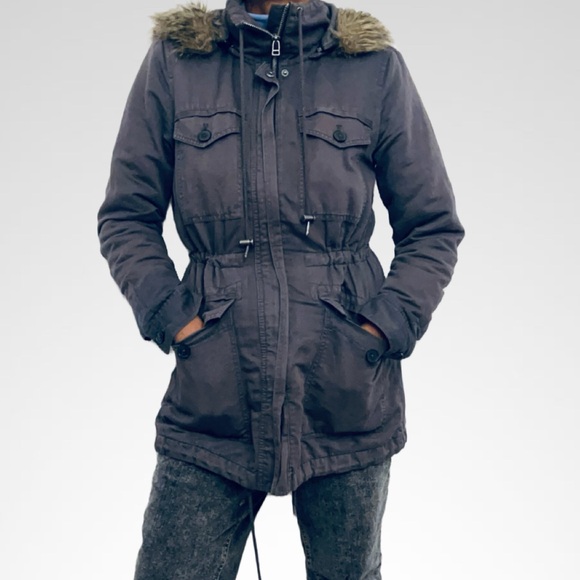 LOFT Charcoal Gray Zip Removable Hood W/Faux Fur XS - Picture 2 of 10